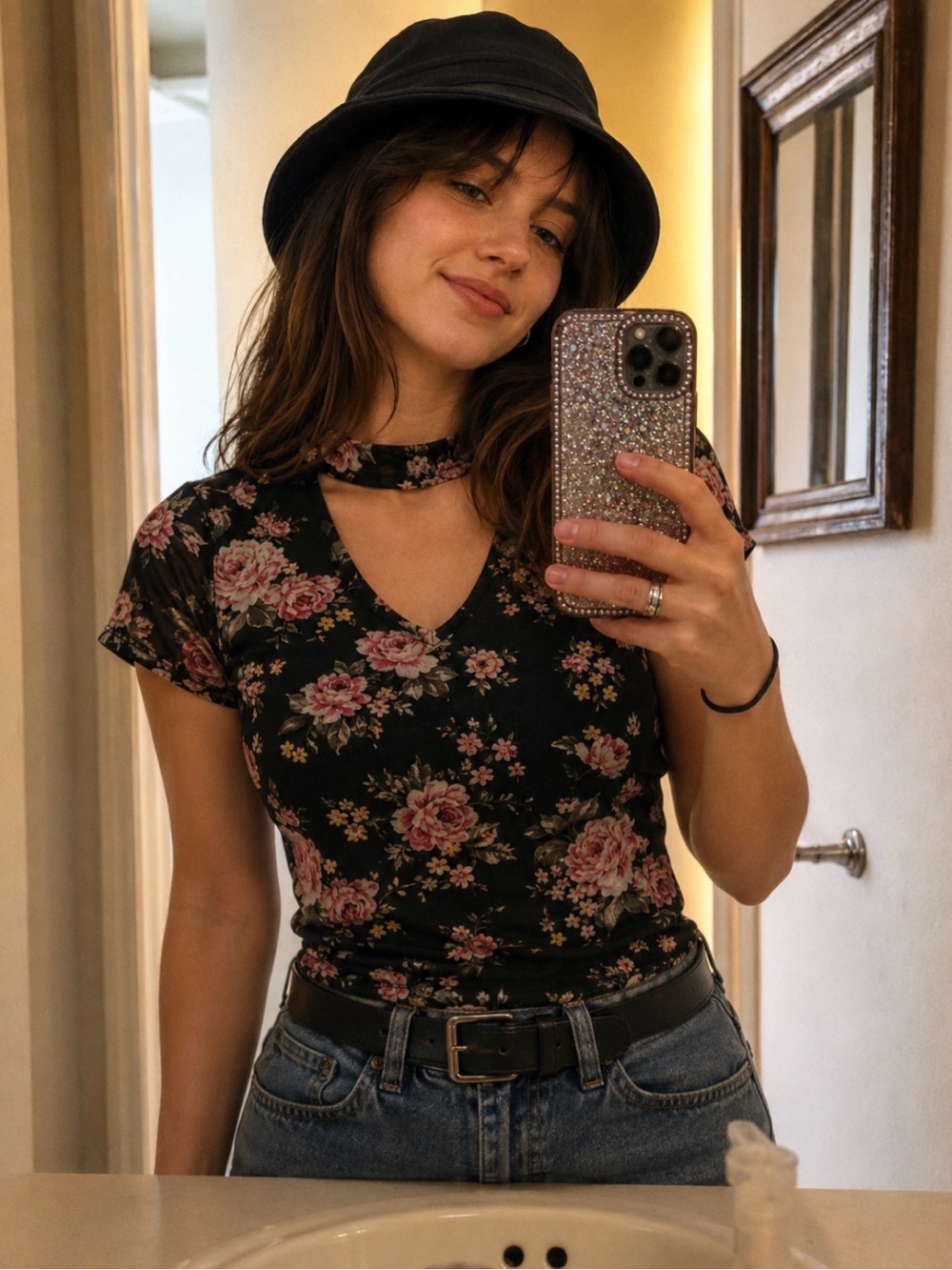 Almost Famous Black Floral Cutout Neck Short Sleeve Wimsigoth  Top